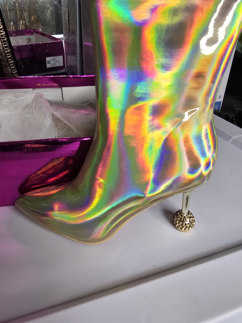 KAYLEEN By Los Angeles Holographic Iridescent Ankle Boots with Gold Orb Heel